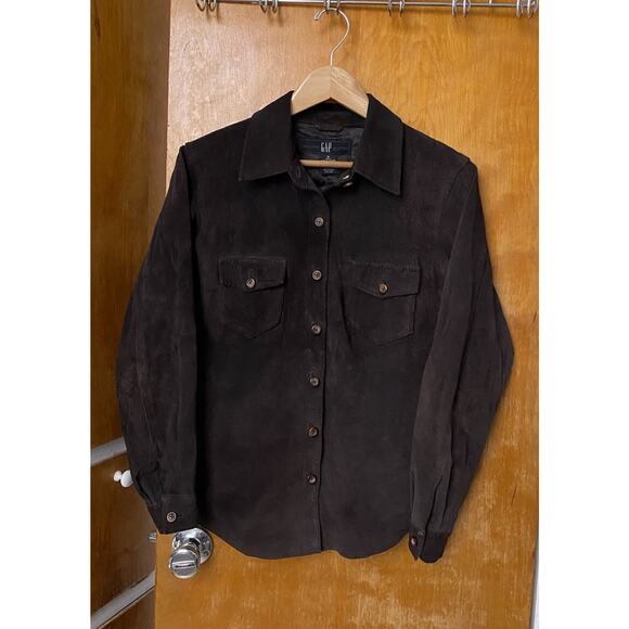 Vintage Gap Brown Suede Leather Shirt Jacket Shacket Y2K 2000 Womens Sz M Pocket - Picture 1 of 6